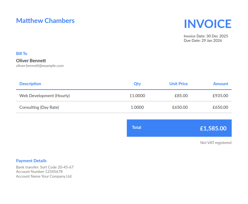FreelancerHub invoice showing complete UK invoice structure with all required fields