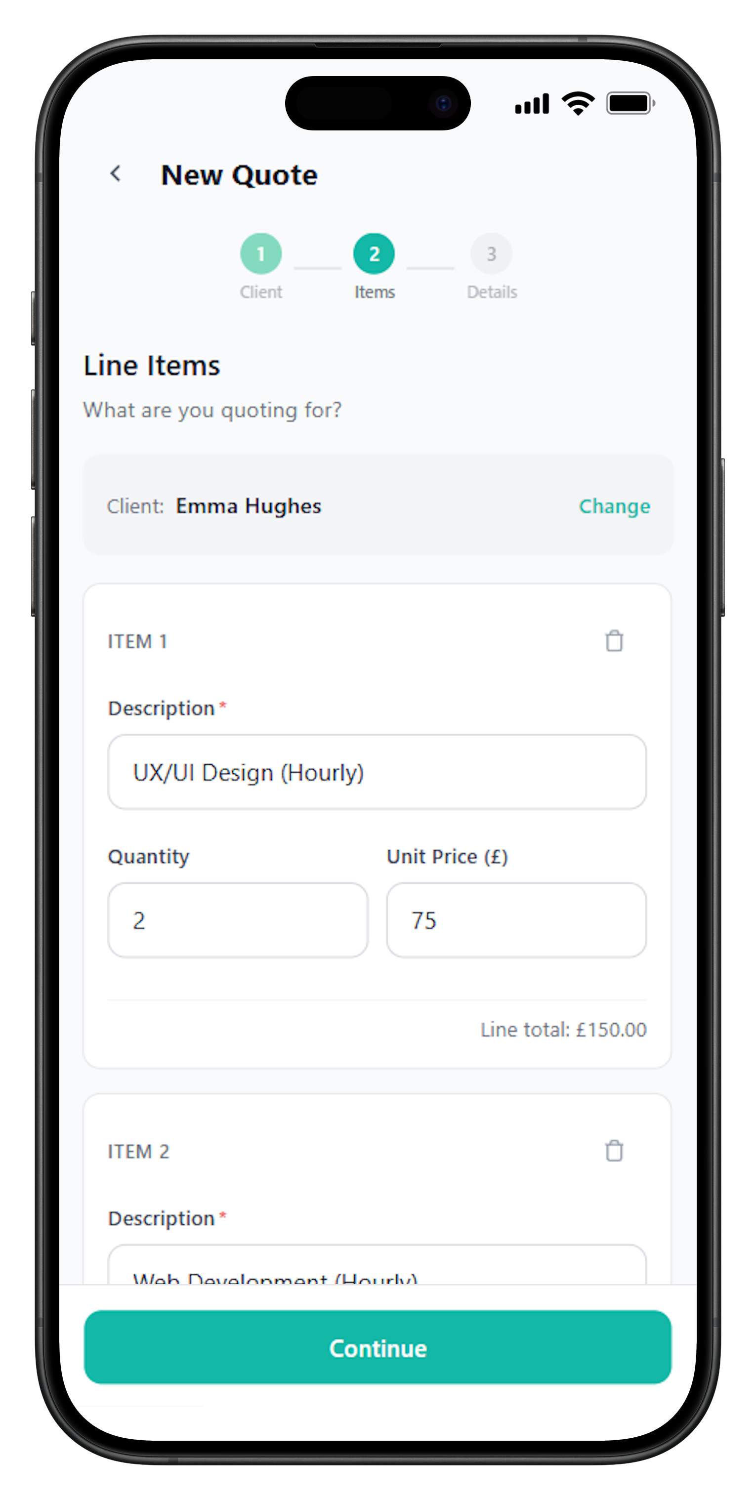 FreelancerHub quote interface showing accept/decline workflow and convert to invoice option